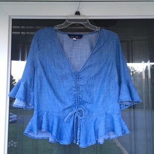 Chambray Peplum V Neck Top